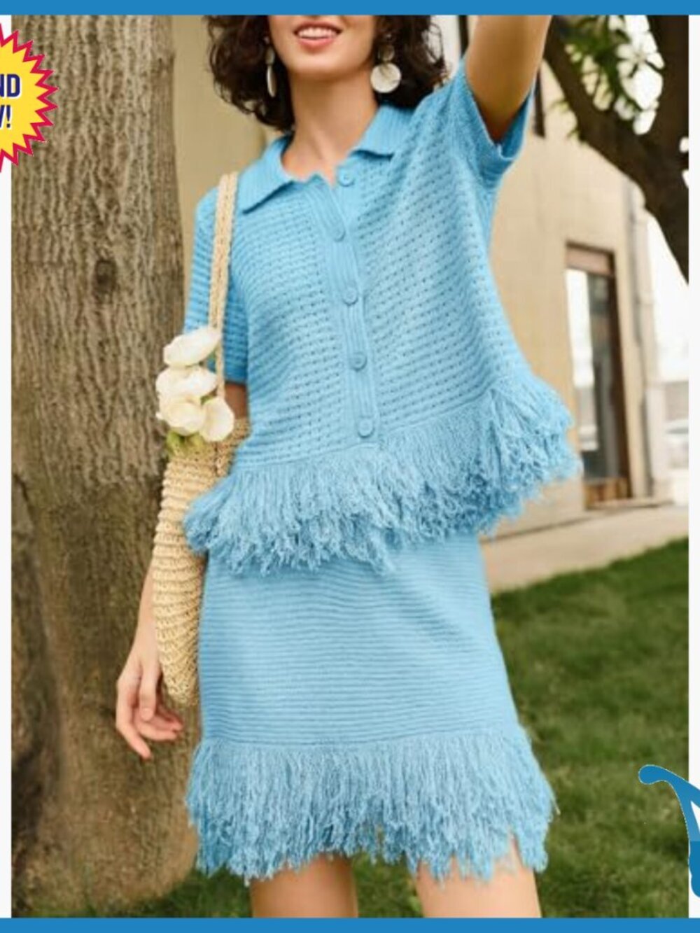 Crochet Button Sweater Fringe Skirt Set Summer Beach Cover Up - Picture 2 of 7